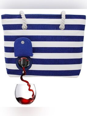 PortoVino Beach Wine Tote Navy and White with Rope Handles